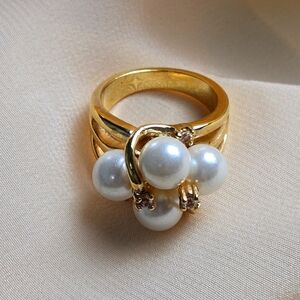 Gold Tone Pearl Cluster Ring With CZ Size 5